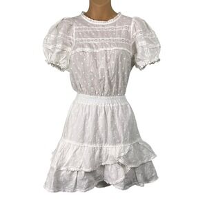 Stellah White Swiss Dot Lace Puff Sleeve Mini Dress XS Cottagecore Tiered Ruffle